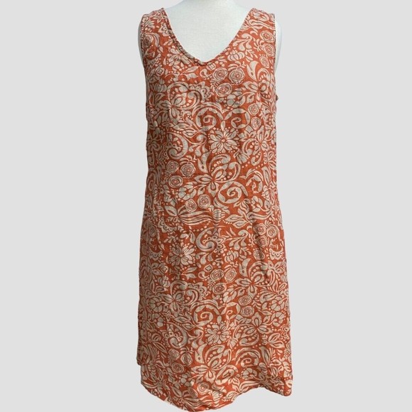Silkroad Women Shift Dress Orange Khaki 100% Linen M - Picture 1 of 8